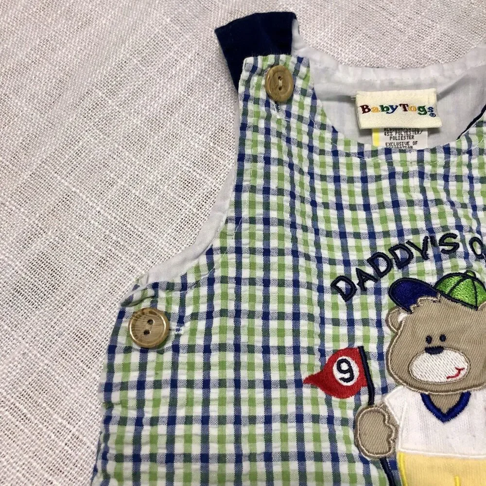VTG Y2K baby boys 3-6m seersucker romper overalls golf bear plaid embroidered